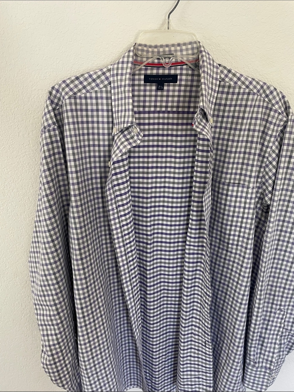 Tommy Hilfiger Men's Purple and White Plaid Lightweight Dress Shirt